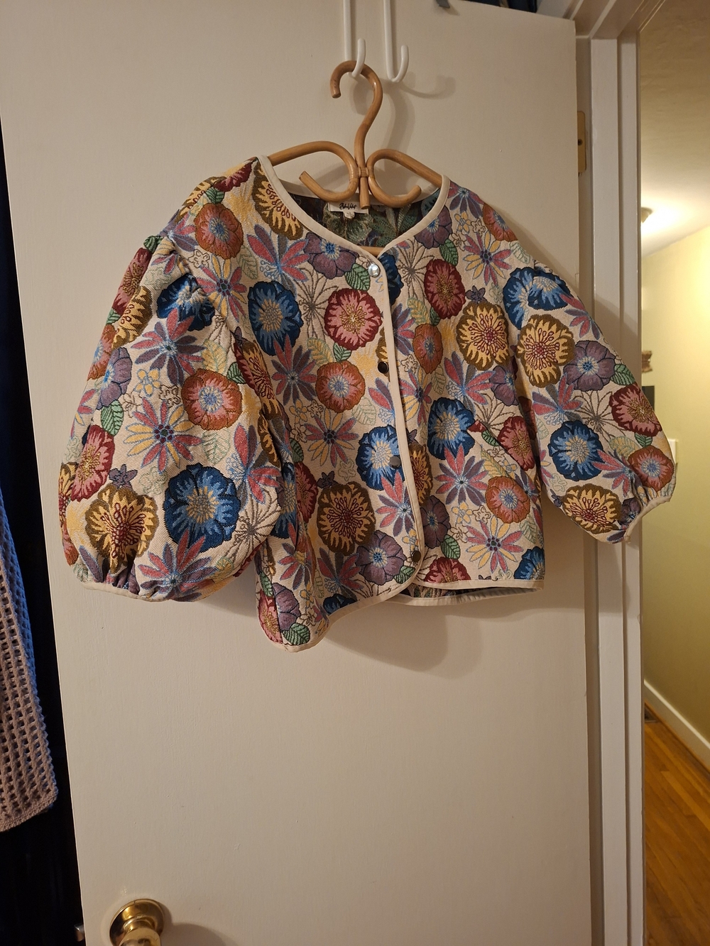 Blue Velvet Floral Tapestry Balloon Sleeve Jacket Small